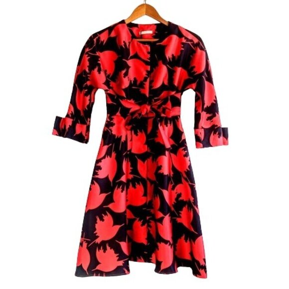 StyleWe Multiflora Black Red Midi Coat Dress - Picture 1 of 8